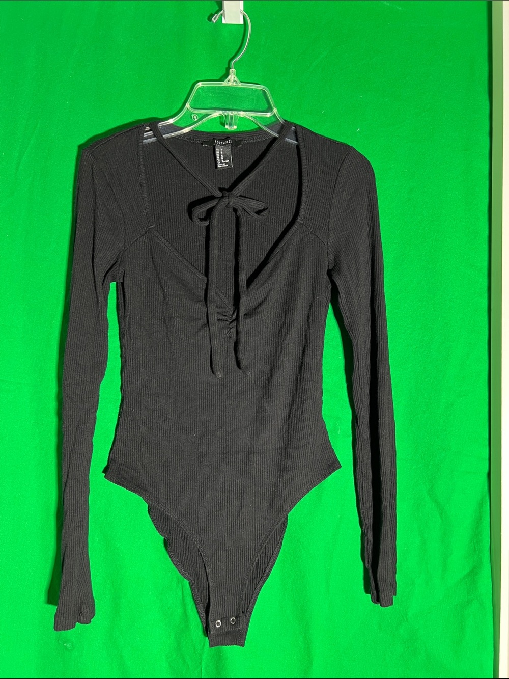 Forever 21 Black Long Sleeve Ribbed Tie-Neck Bodysuit